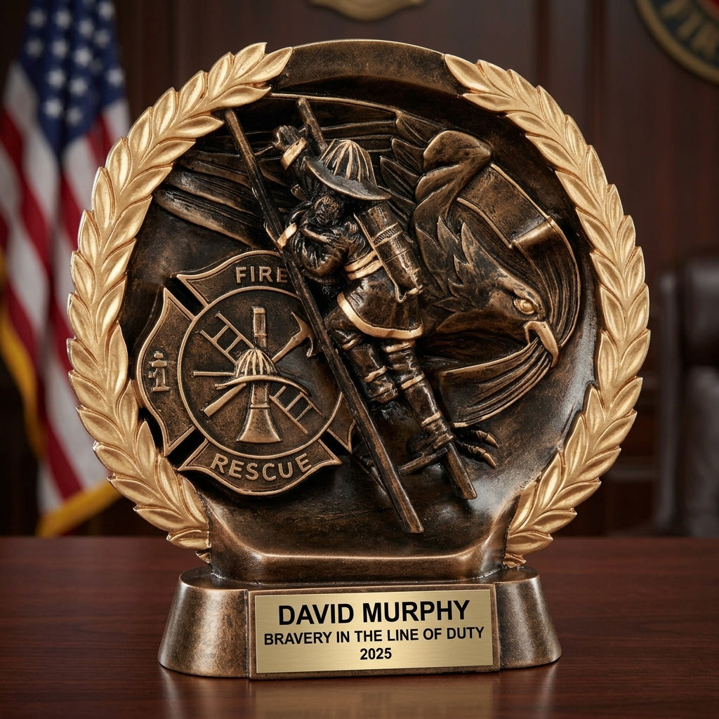 Firefighter Award Trophy | Personalized | Custom Engraved | Fireman Gift | Fire Department Recognition | First Responder | Retirement - View 3