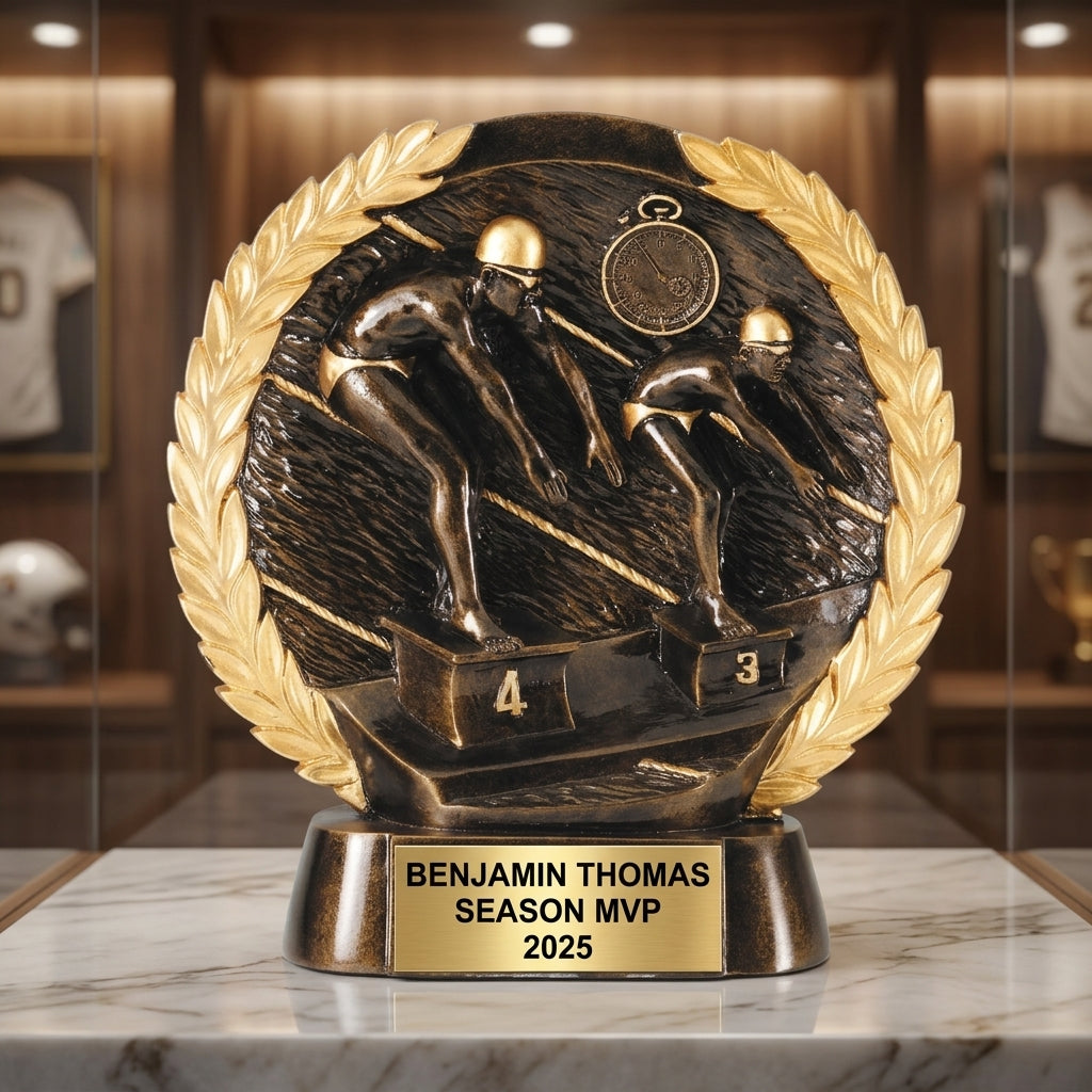 Swimming Award Trophy | Personalized | Custom Engraved | Swim Meet Champion | Bronze Finish | Gift for Swimmer | Wood Unlimited - View 1