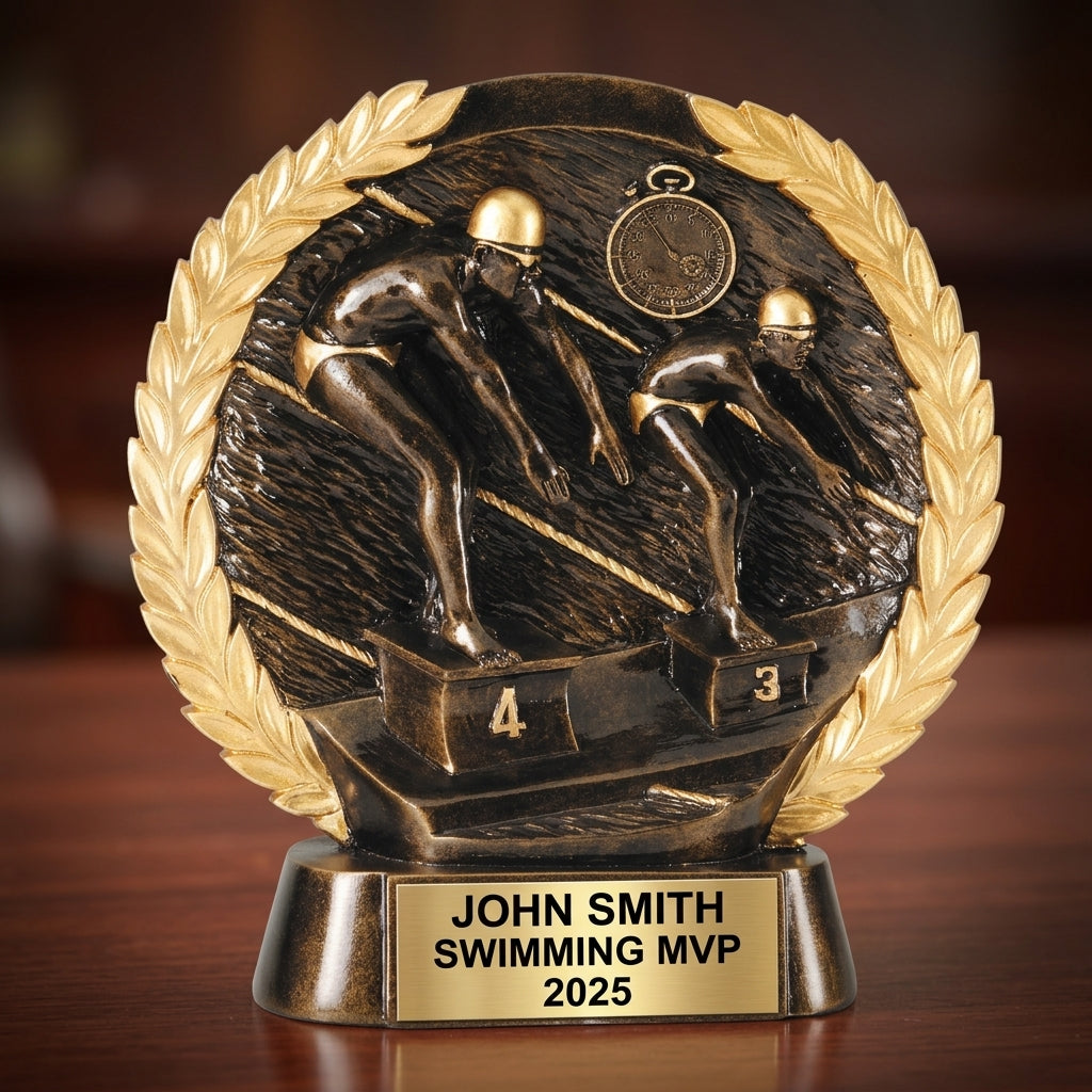 Swimming Award Trophy | Personalized | Custom Engraved | Swim Meet Champion | Bronze Finish | Gift for Swimmer | Wood Unlimited - View 2
