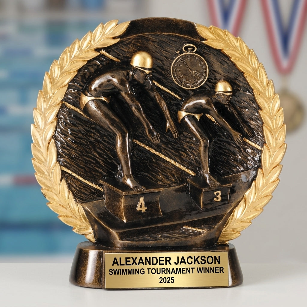 Swimming Award Trophy | Personalized | Custom Engraved | Swim Meet Champion | Bronze Finish | Gift for Swimmer | Wood Unlimited - View 3
