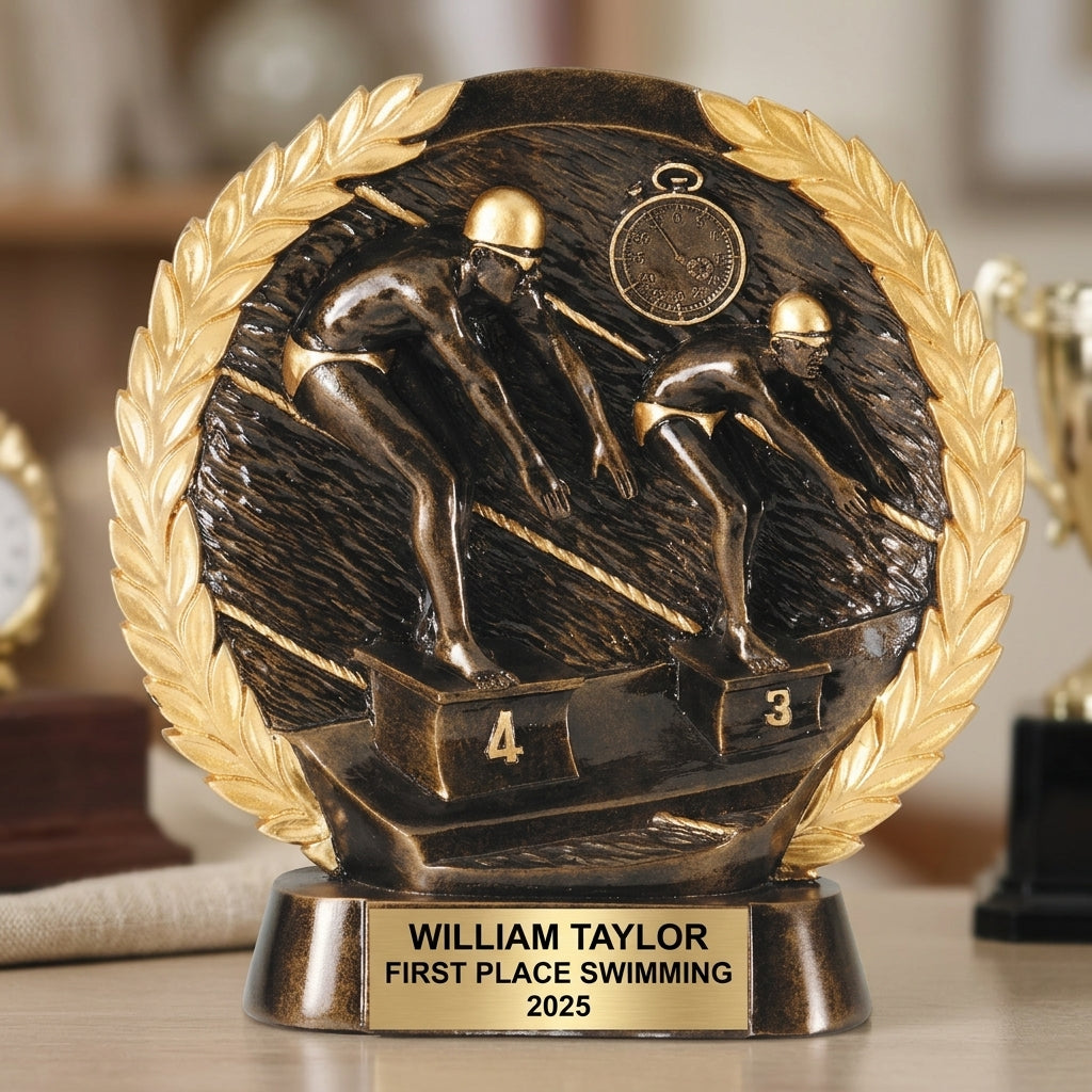 Swimming Award Trophy | Personalized | Custom Engraved | Swim Meet Champion | Bronze Finish | Gift for Swimmer | Wood Unlimited - View 4