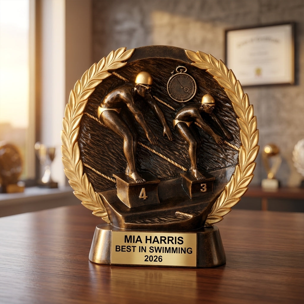 Swimming Award Trophy | Personalized | Custom Engraved | Swim Meet Champion | Bronze Finish | Gift for Swimmer | Wood Unlimited - View 5