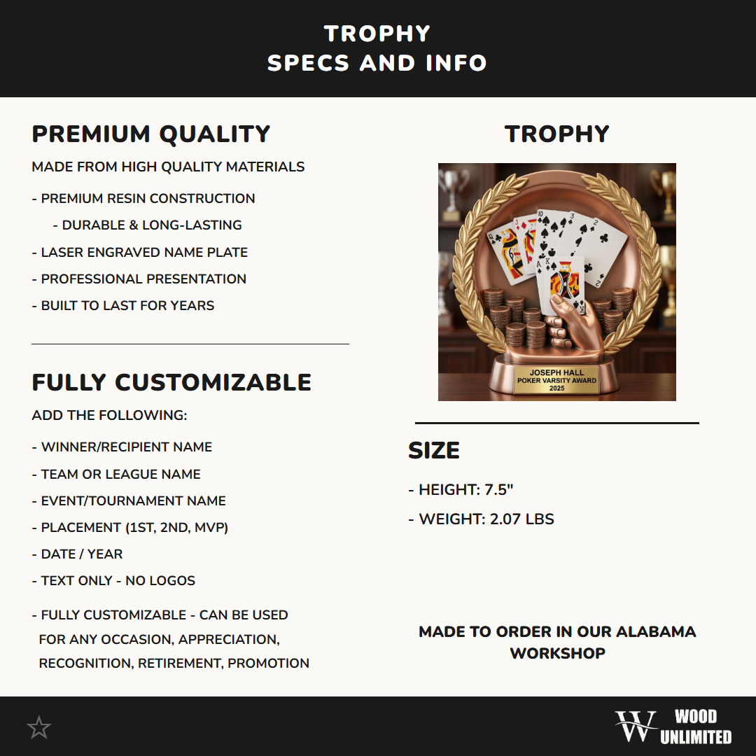 Personalized Poker Trophy, Custom Engraved Tournament Award, Card Game Night Champion Gift
