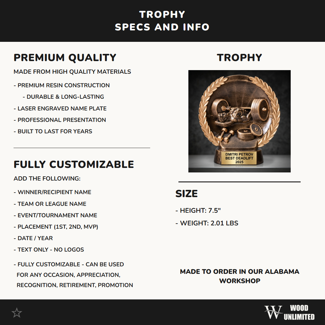 Personalized | Weightlifting Award | Custom Engraved | Weightlifting Trophy | Bench Press Award | Bodybuilding Gift | Powerlifting Trophy