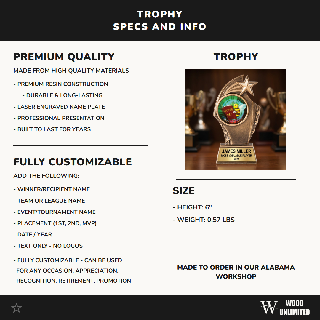 Personalized | Spelling Bee Award | Custom Engraved | Trophy | Award | Engraved | Student | Kids | School | Champion | Custom