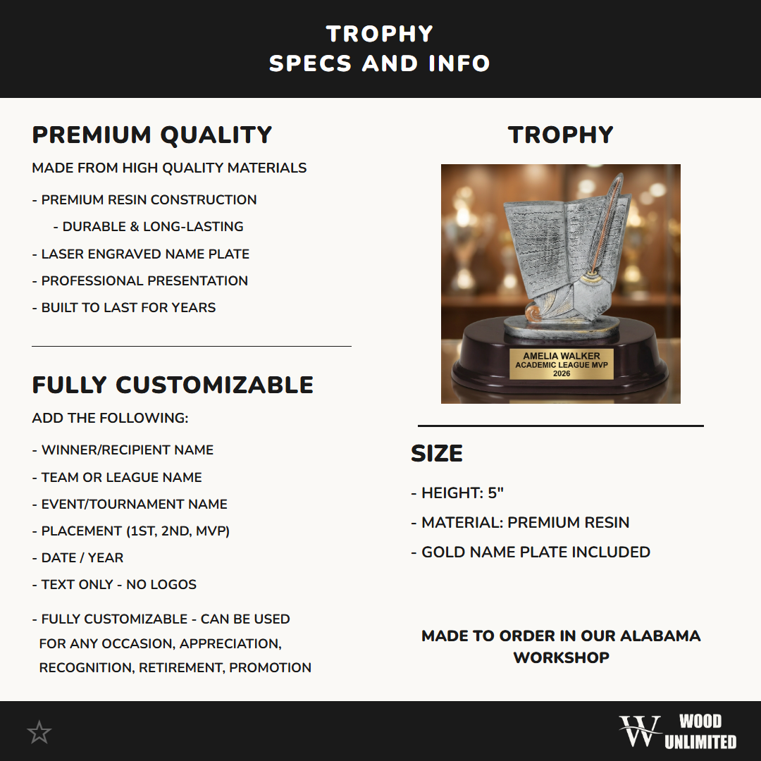 Personalized | Academic Award | Custom Engraved | Scholar | Writing | Book | Quill | Student | Teacher | Award | Trophy | Engraved