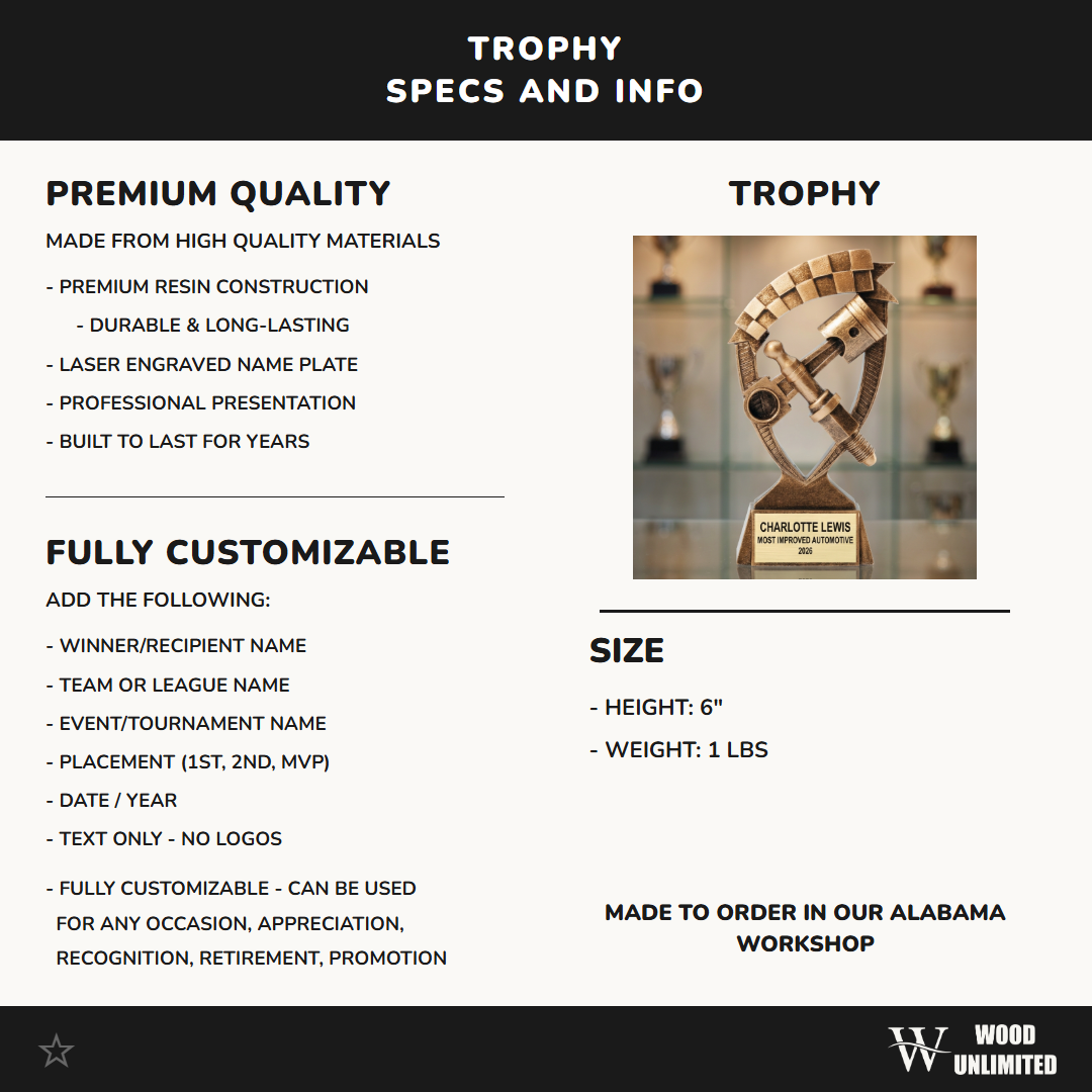 Personalized Automotive Award, Custom Engraved Racing & Mechanic Trophy, Car Enthusiast Gift