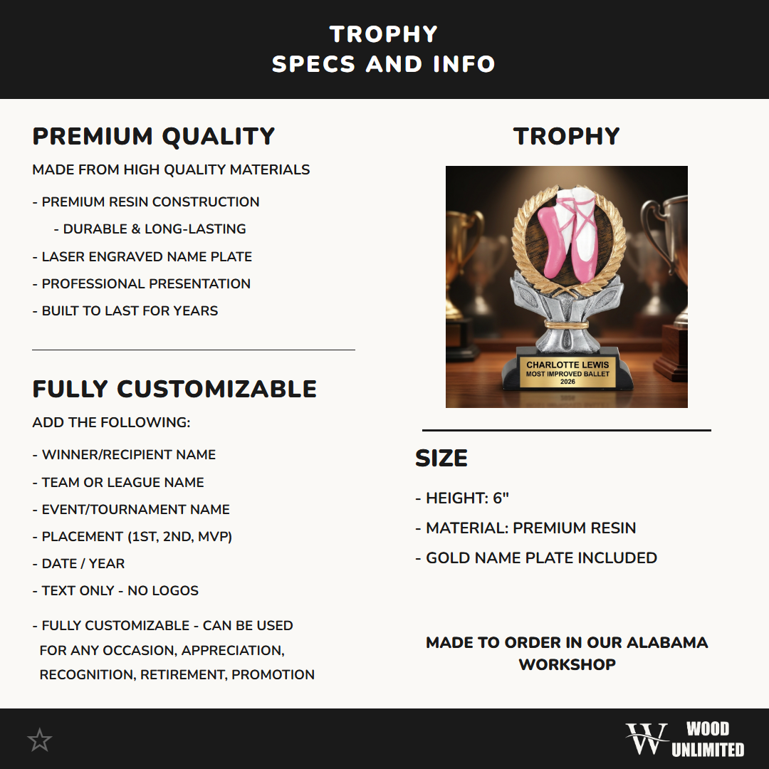 Dance Award Trophy | Personalized Ballerina | Custom Engraved | Dance Recital Gift | Ballet | Wood Unlimited