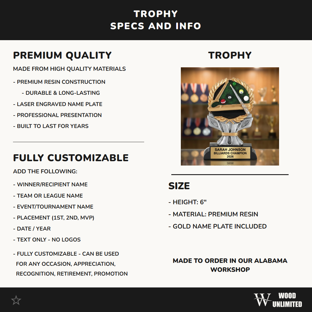 Billiards Award Trophy | Personalized Billiards Gift | Custom Engraved Billiards Trophy | Pool Player Award | Billiards Tournament
