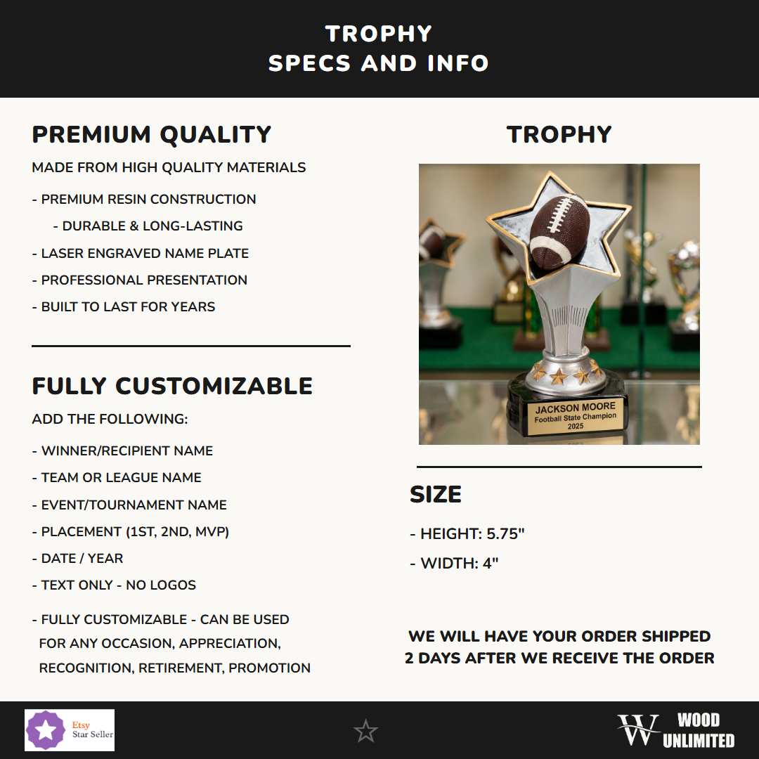 Personalized football trophy with custom engraved name plate - front view