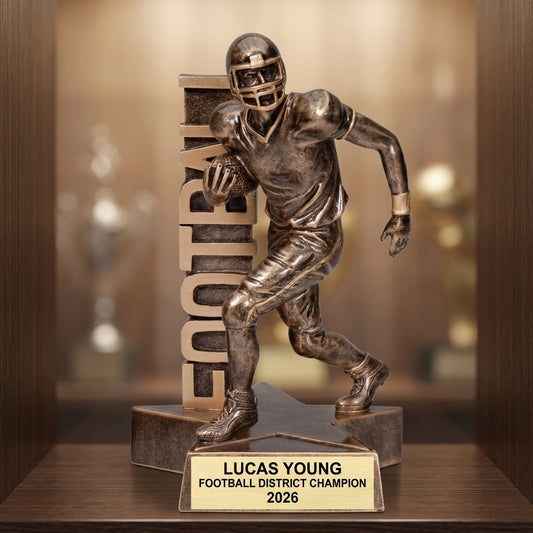 Front view of a personalized Football award in resin, custom engraved with the recipient's name and achievement — featuring Custom engraved football player award, a popular choice for Youth football leagues for End-of-season banquets