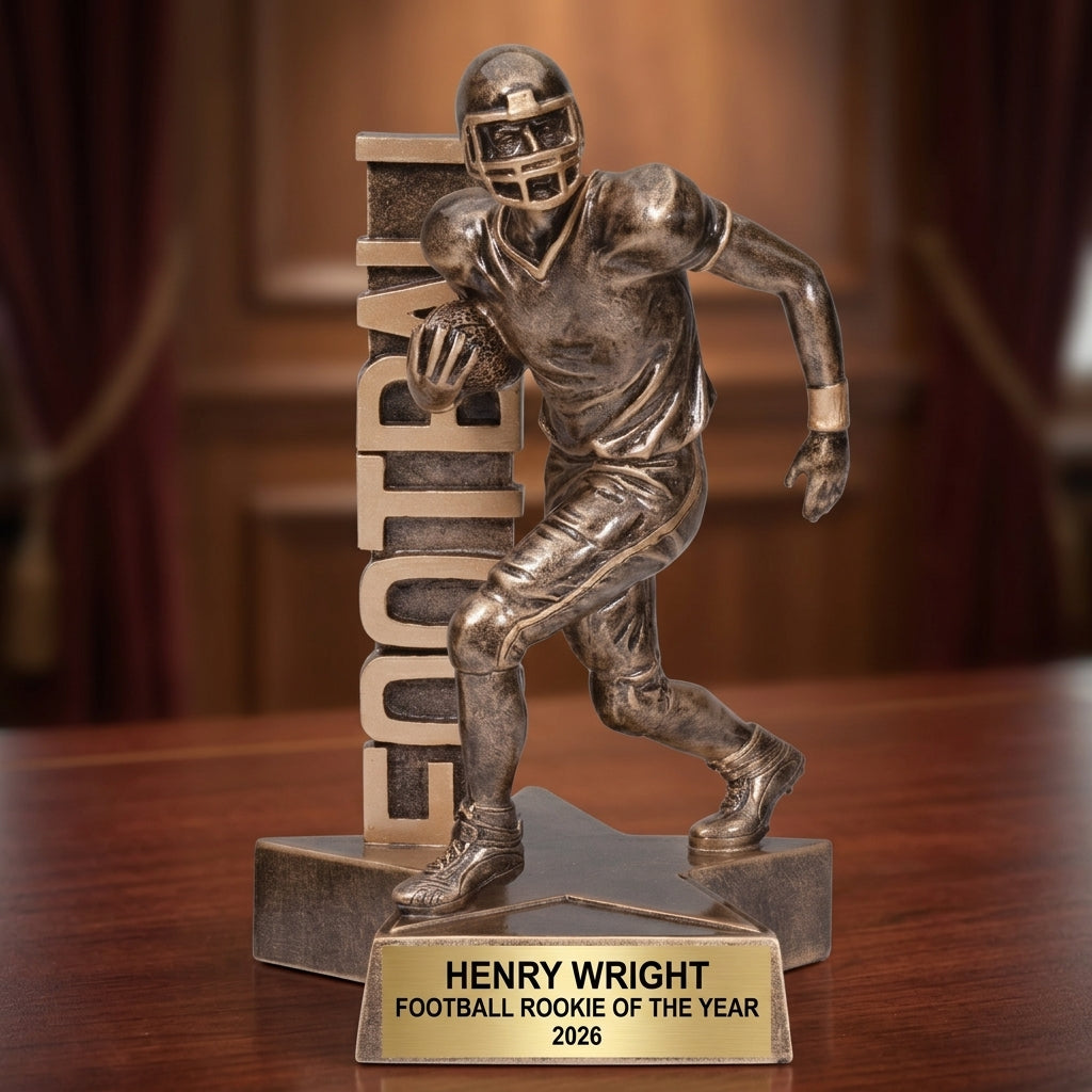 Personalized Football award angled view showing the resin finish and custom engraving detail — featuring Youth football MVP trophy with engraving, a popular choice for High school football teams for Youth football tournaments