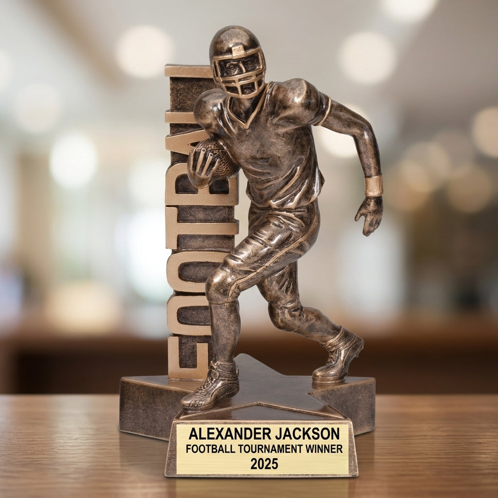 Personalized Football award styled for gifting, custom laser engraved in resin — featuring Bronze football running back trophy, a popular choice for Fantasy football league organizers for College athletic ceremonies