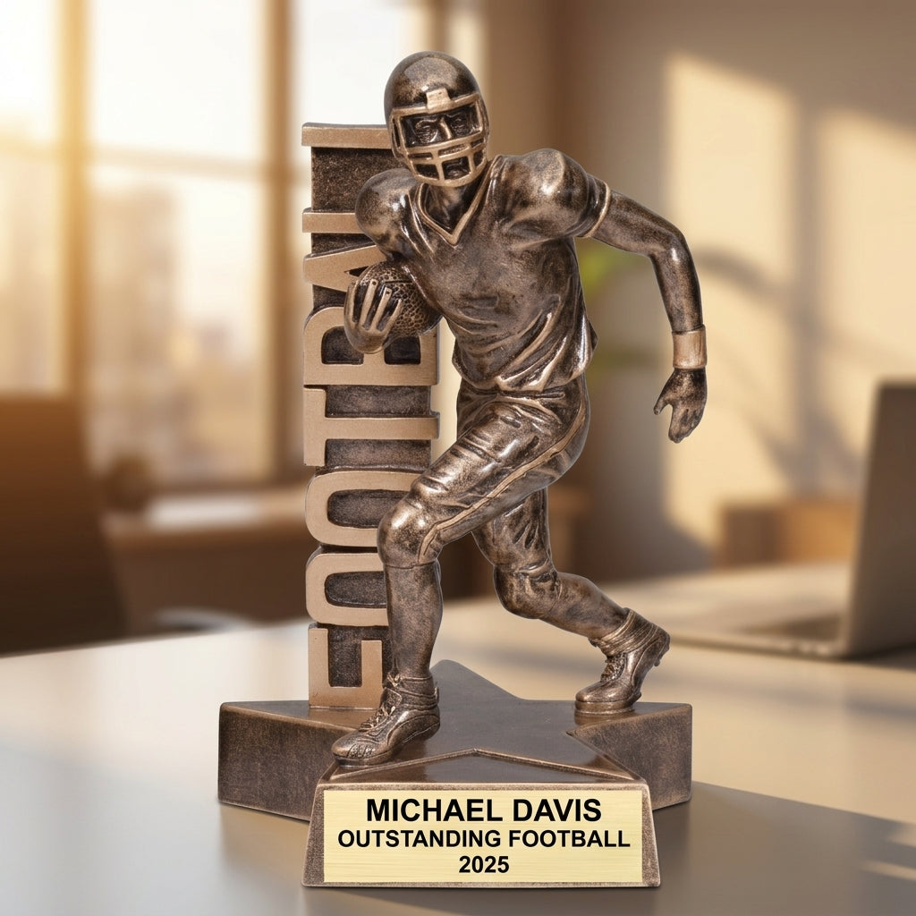 Personalized Football award additional detail view, this award features a dynamic football player running with the ball, set against a 'FOOTBALL' text billboard, on a star-shaped base with an engraving plate, engraved in resin — featuring Fantasy football league winner trophy, a popular choice for Coaches for Fantasy football draft parties