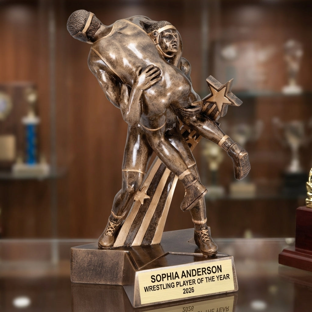 Personalized 6.5-inch wrestling trophy with custom laser-engraved gold nameplate on weighted base for awards and recognition