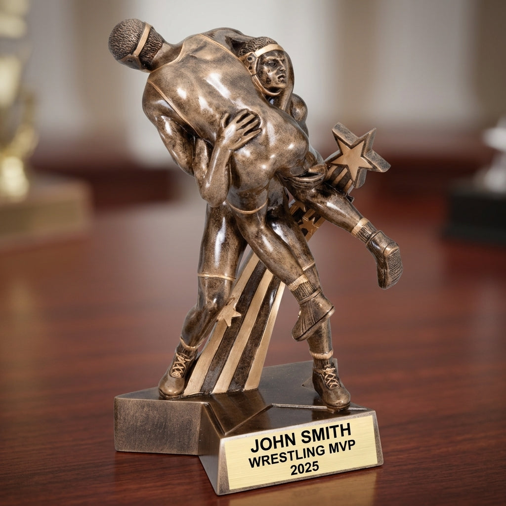 Wrestling trophy specifications showing 6.5-inch height, gold finish, resin construction, and personalization options