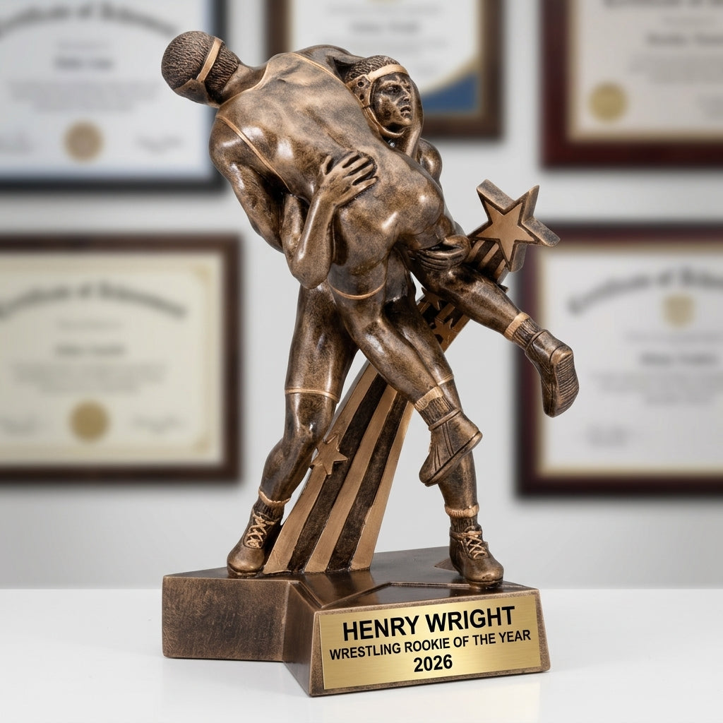 Wrestling trophy banquet display with multiple personalized awards featuring custom laser engraving