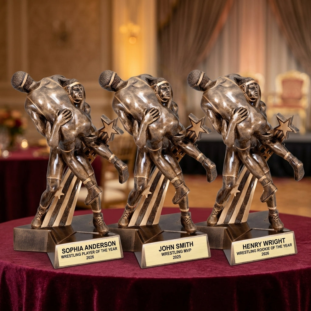 Customer reviews for Wood Unlimited personalized wrestling trophies with 5-star ratings and trust badges