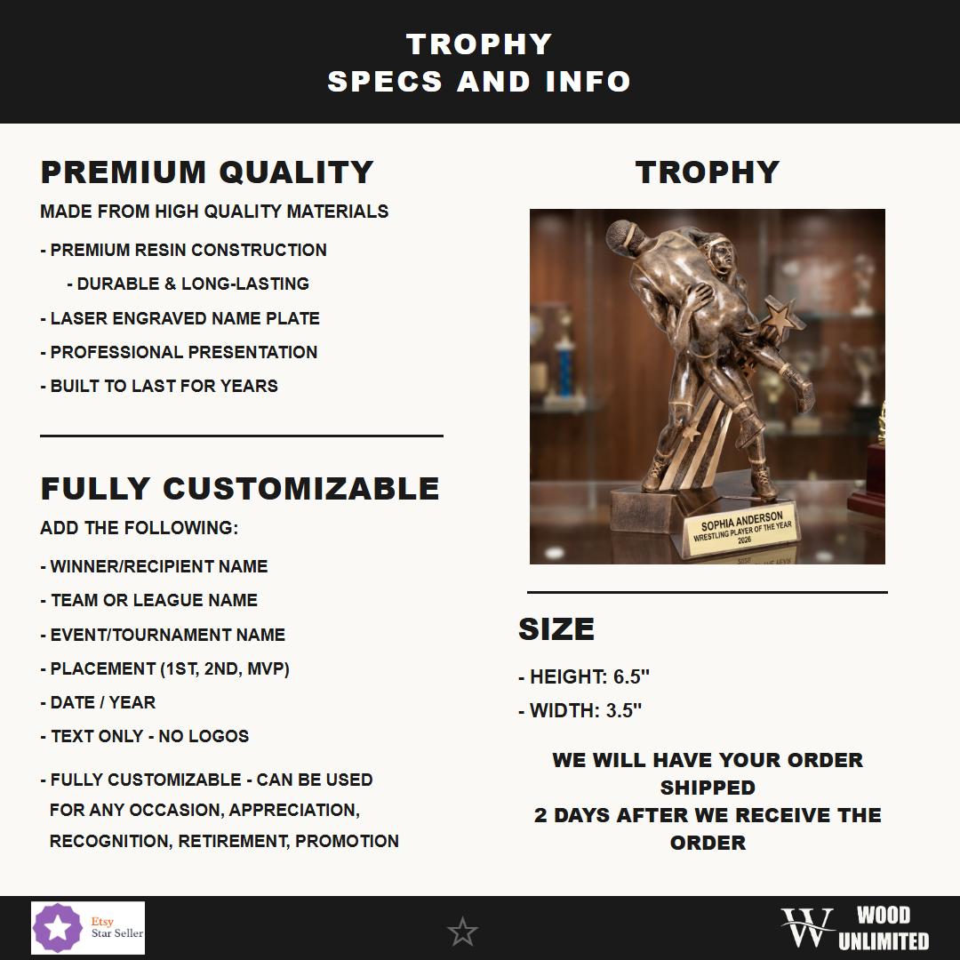 Custom engraved wrestling trophy perfect for competitions, events, and winner recognition celebrations