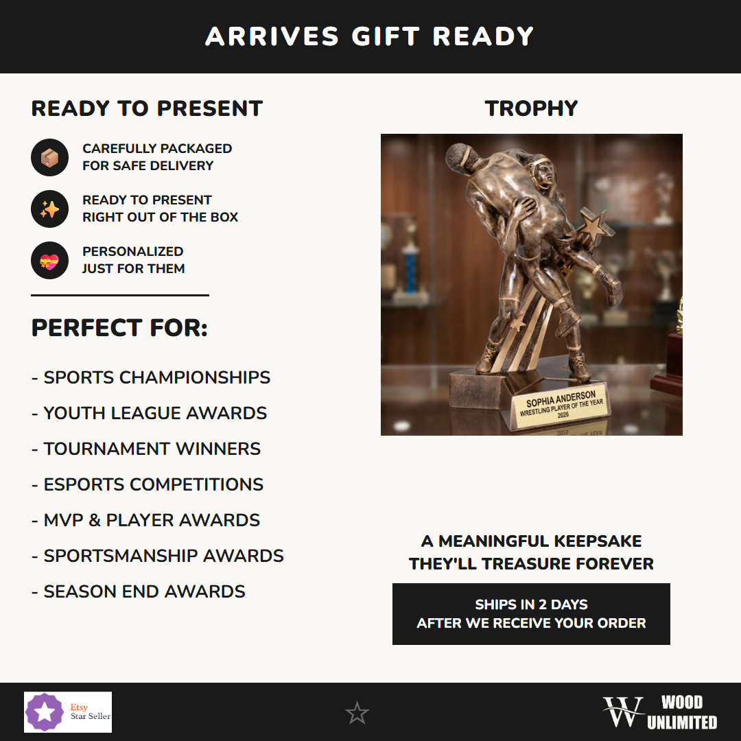 Personalized wrestling trophy ideal for tournament champions, MVP recognition, and school athletics