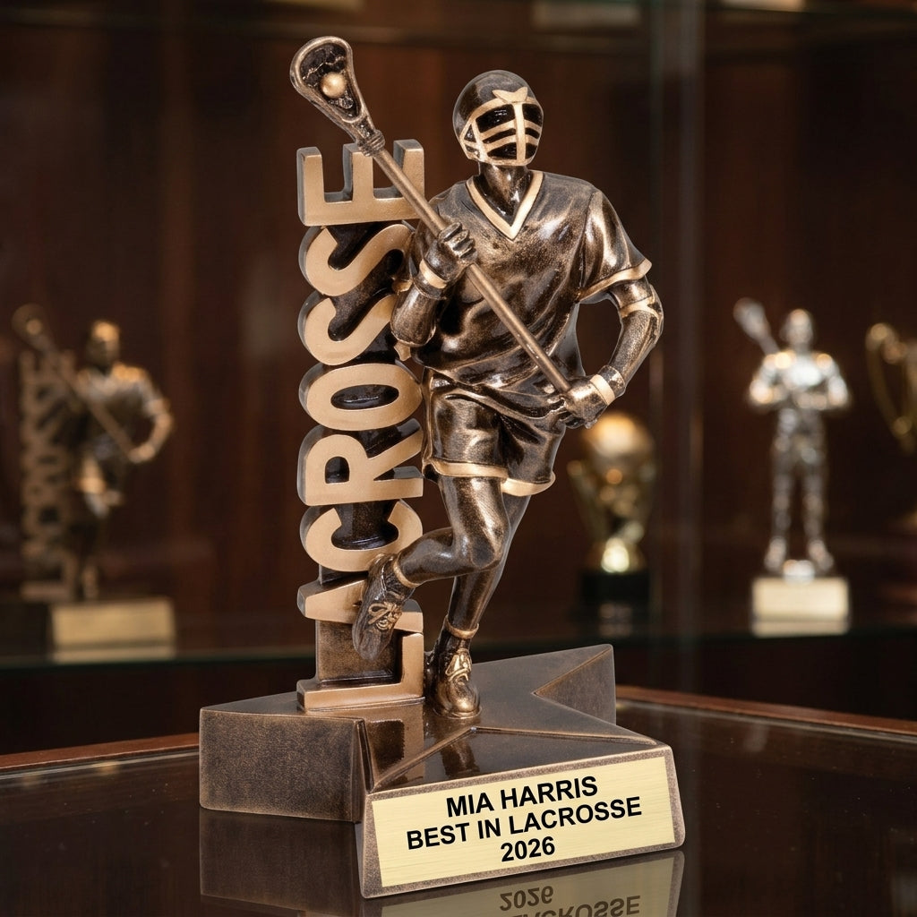Lacrosse Trophy Award | Personalized | Custom Engraved | Lacrosse MVP | Gold Name Plate | Wood Unlimited - View 1