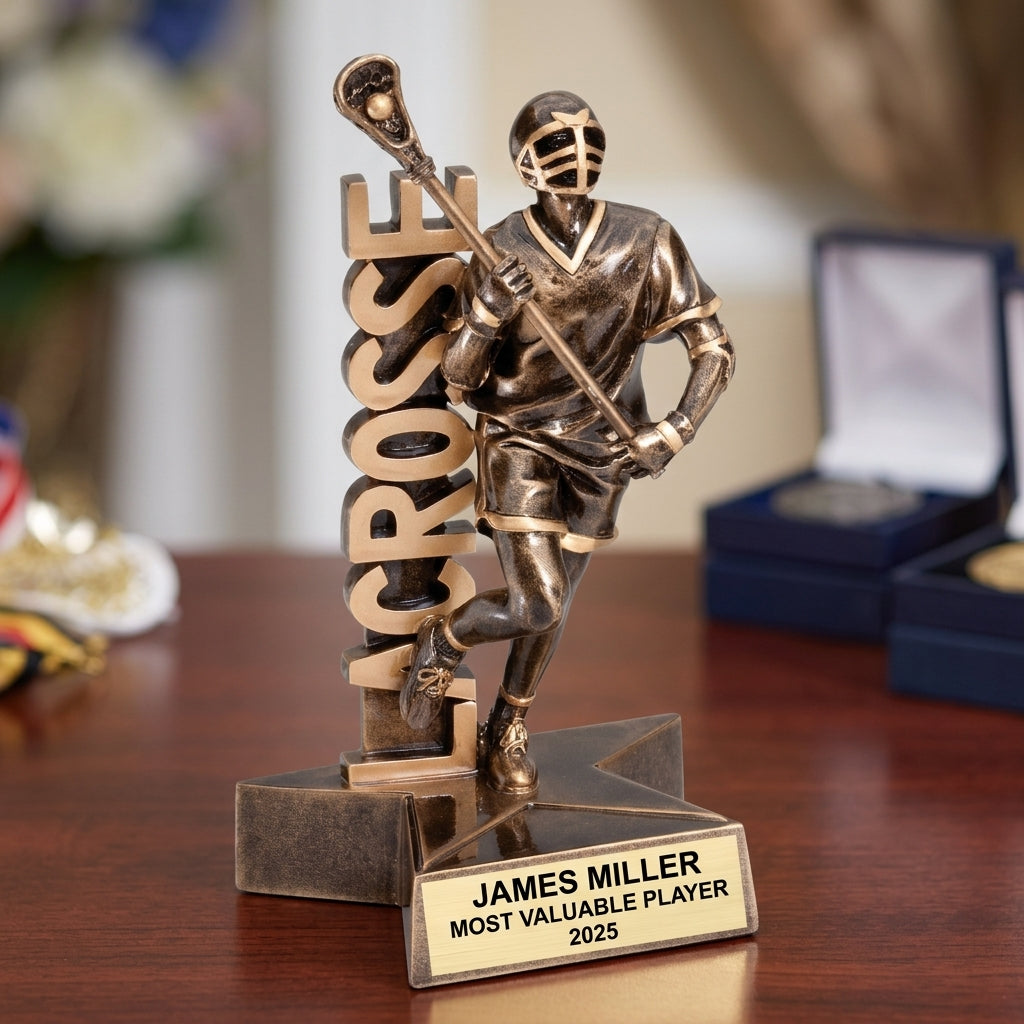 Lacrosse Trophy Award | Personalized | Custom Engraved | Lacrosse MVP | Gold Name Plate | Wood Unlimited - View 2