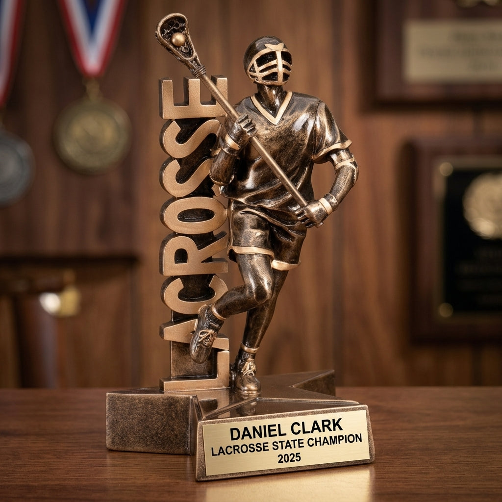 Lacrosse Trophy Award | Personalized | Custom Engraved | Lacrosse MVP | Gold Name Plate | Wood Unlimited - View 3