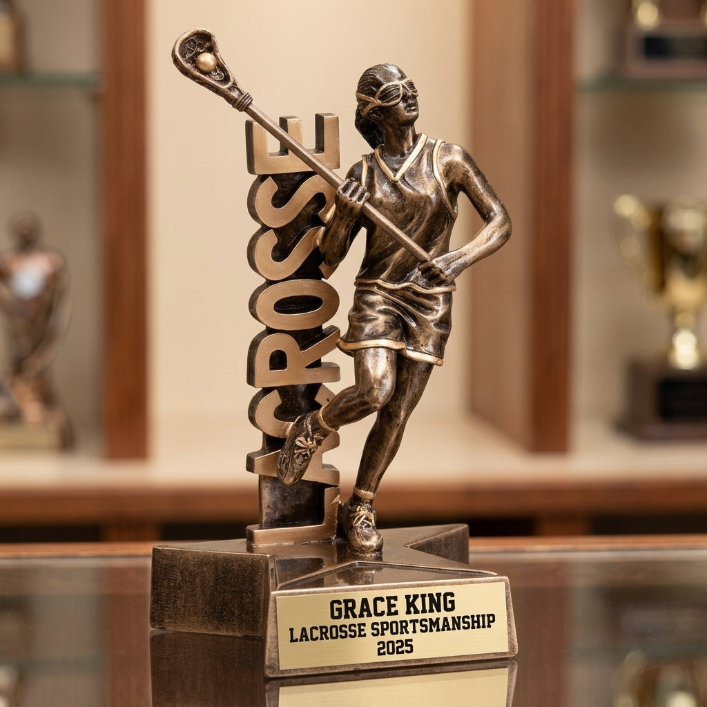 Lacrosse Trophy Award | Personalized | Custom Engraved | Lacrosse MVP | Gold Name Plate | Wood Unlimited - View 1