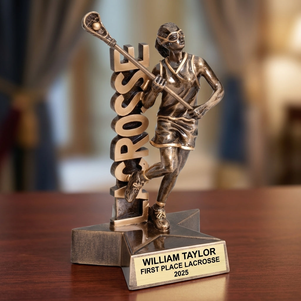 Lacrosse Trophy Award | Personalized | Custom Engraved | Lacrosse MVP | Gold Name Plate | Wood Unlimited - View 2