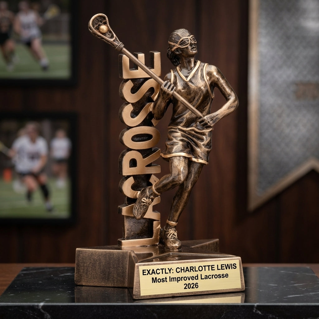 Lacrosse Trophy Award | Personalized | Custom Engraved | Lacrosse MVP | Gold Name Plate | Wood Unlimited - View 3