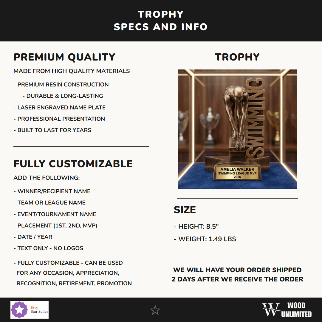 Swimming Award Trophy | Personalized | Custom Engraved | Swim Meet Champion | Swimming Gifts | Team Awards