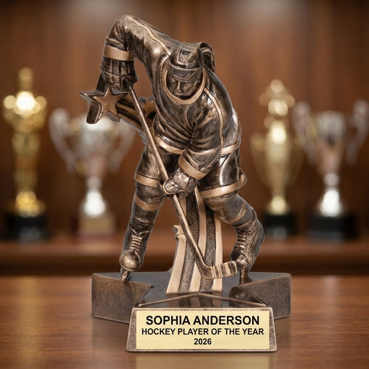 Front view of a personalized Hockey award in resin, custom engraved with the recipient's name and achievement — featuring Personalized hockey player trophy with engraving, a popular choice for Hockey coaches for End-of-season hockey banquets