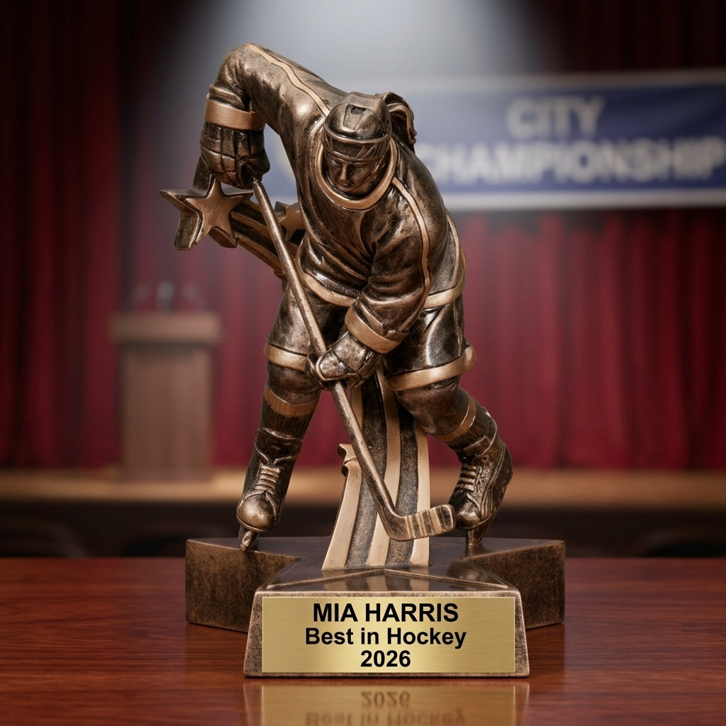Personalized Hockey award angled view showing the resin finish and custom engraving detail — featuring Customizable hockey team awards for youth leagues, a popular choice for Youth hockey league organizers for Youth league championships