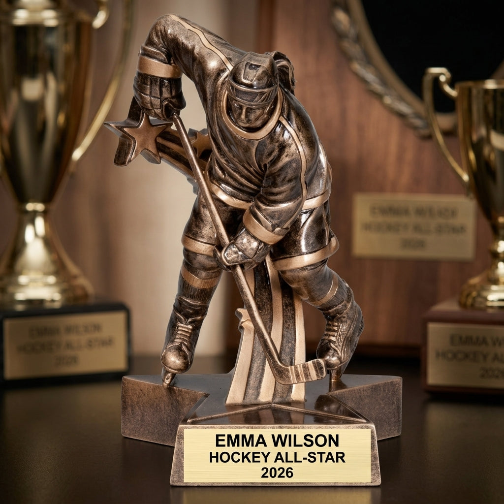 Close-up of the custom engraved name plate on a personalized Hockey award (resin) — featuring Bronze hockey star trophy for MVP, a popular choice for Adult recreational hockey teams for Adult league playoffs