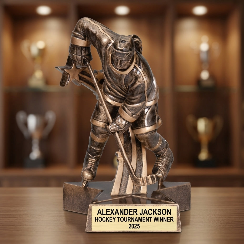 Personalized Hockey award styled for gifting, custom laser engraved in resin — featuring End of season hockey banquet awards, a popular choice for Parents of hockey players for Team award ceremonies
