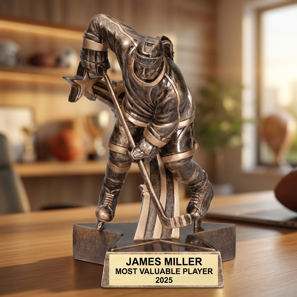 Personalized Hockey award additional detail view, a bronze-finish trophy depicting a hockey player in action, poised to shoot or pass, with a star-shaped backdrop and an engravable plate, engraved in resin — featuring Large hockey player figurine award, a popular choice for Sports award shops for Sports recognition events