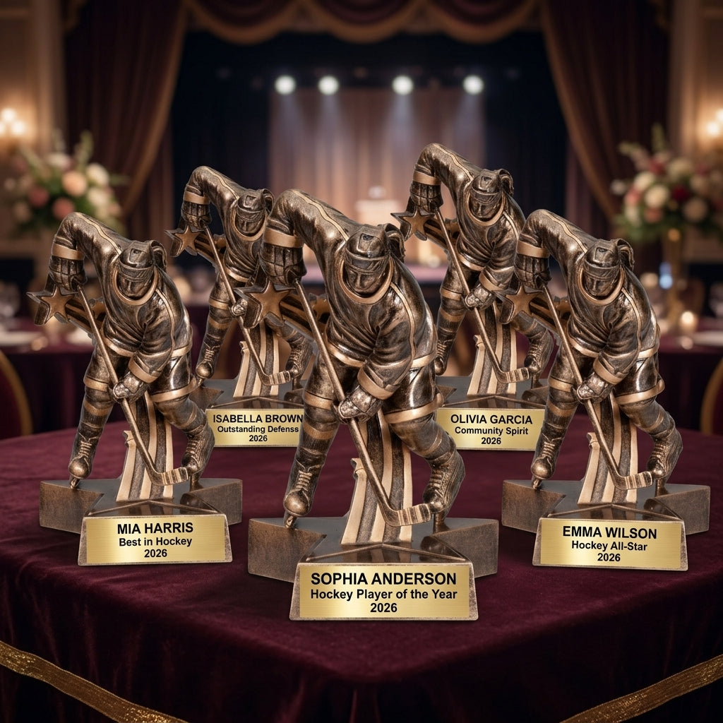 Multiple personalized Hockey awards displayed together for a banquet or team order, each custom engraved in resin — featuring Engraved hockey participation trophy for kids, a popular choice for Schools with hockey programs for Hockey club celebrations