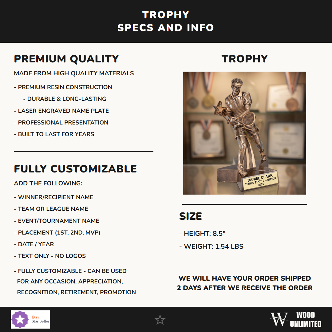 Tennis Trophy Award | Personalized | Custom Engraved | Tennis Champion | MVP | Tennis Gift