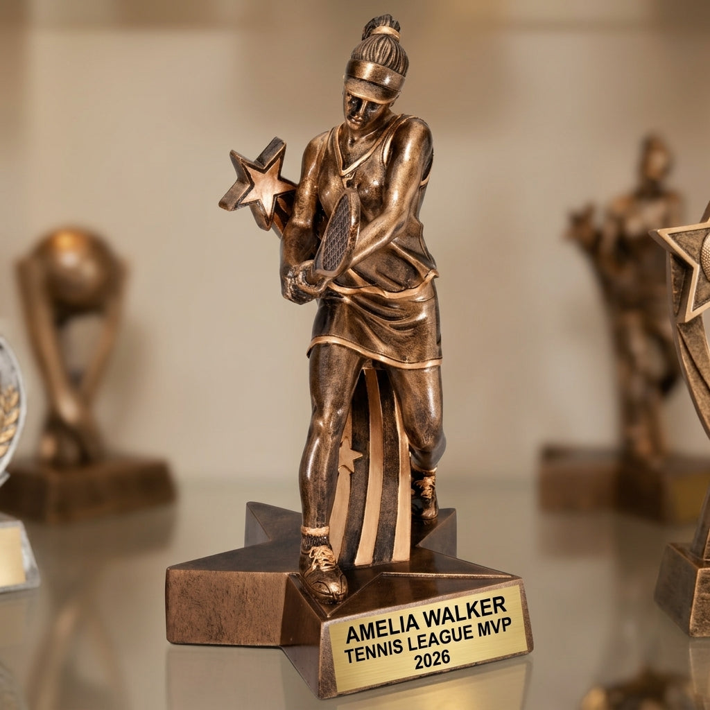 Tennis Trophy Award | Personalized | Custom Engraved | Tennis MVP | Gold Name Plate | Wood Unlimited - View 1