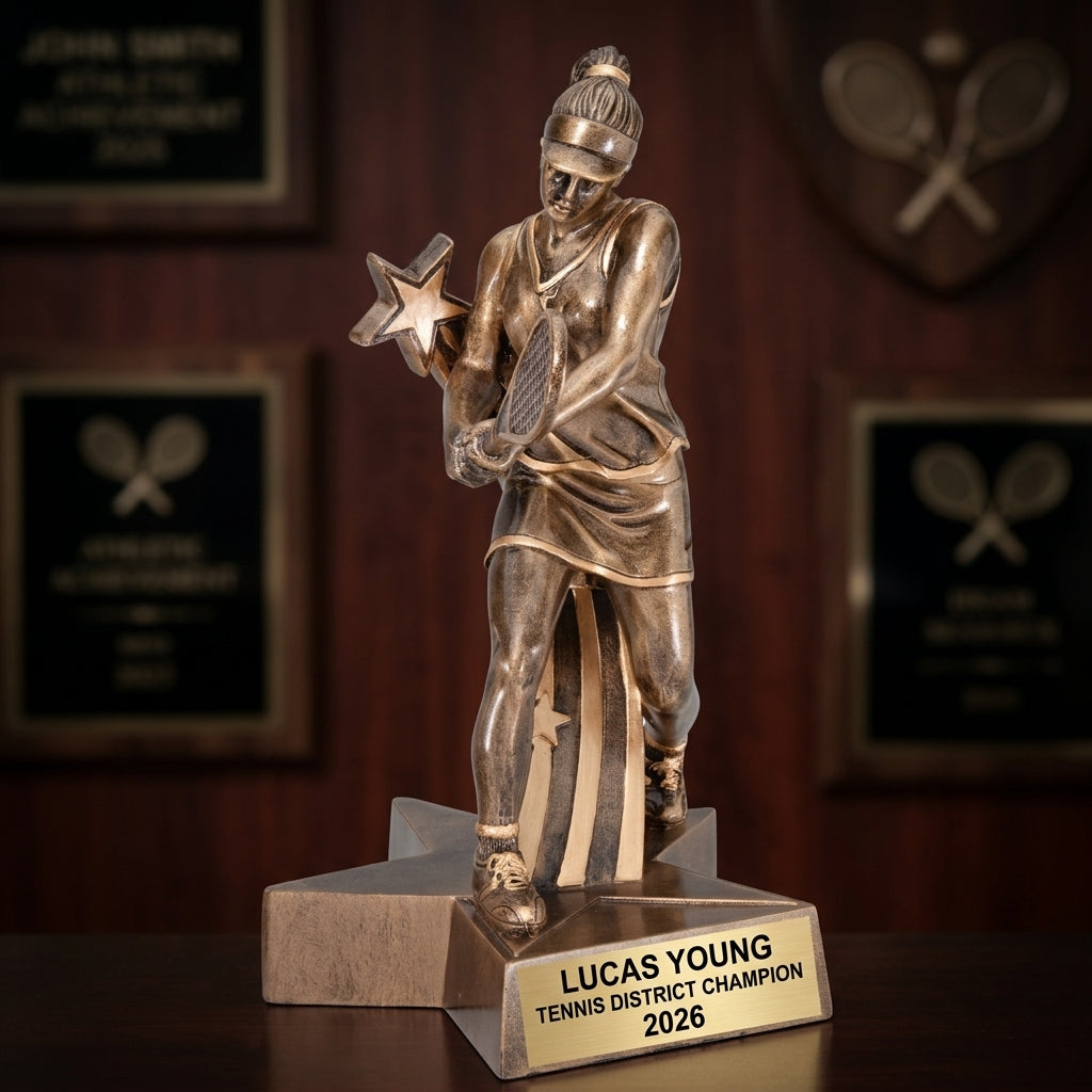 Tennis Trophy Award | Personalized | Custom Engraved | Tennis MVP | Gold Name Plate | Wood Unlimited - View 3