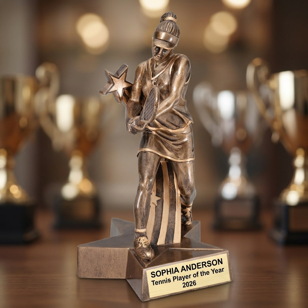 Tennis Trophy Award | Personalized | Custom Engraved | Tennis MVP | Gold Name Plate | Wood Unlimited - View 4