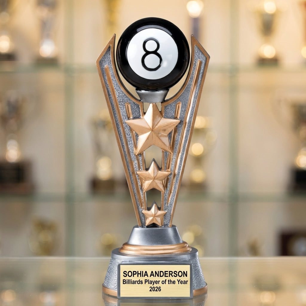 Billiards Trophy Award | Personalized | Custom Engraved | Billiards MVP | Gold Name Plate | Wood Unlimited - View 1