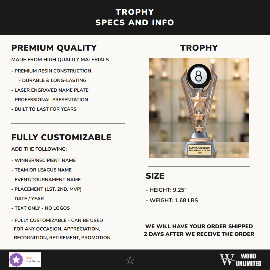 Billiards Trophy Award | Personalized | Custom Engraved | Billiards MVP | Gold Name Plate | Wood Unlimited