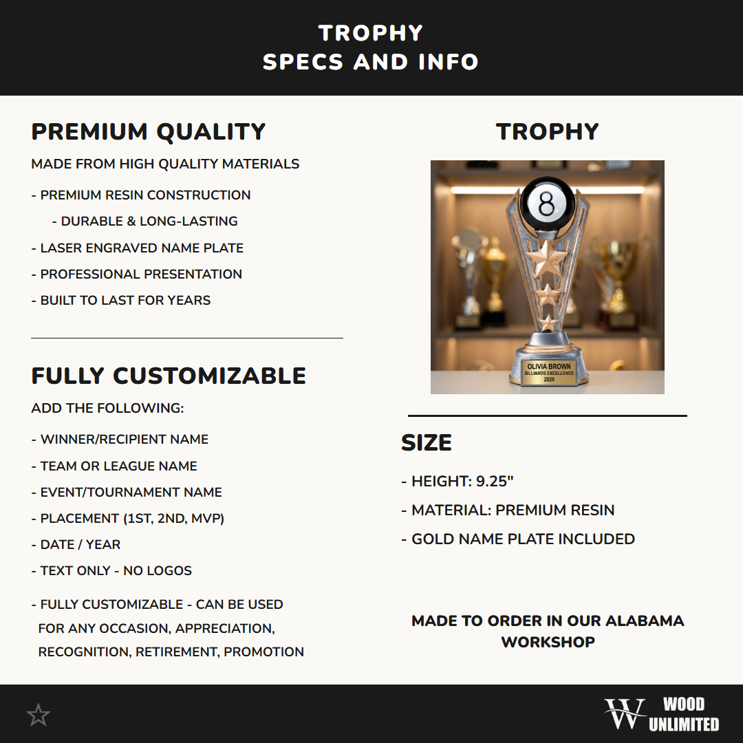 Billiards Trophy Award | Personalized 8-Ball | Custom Engraved Pool Award | Billiards Gift | Pool Tournament Trophy