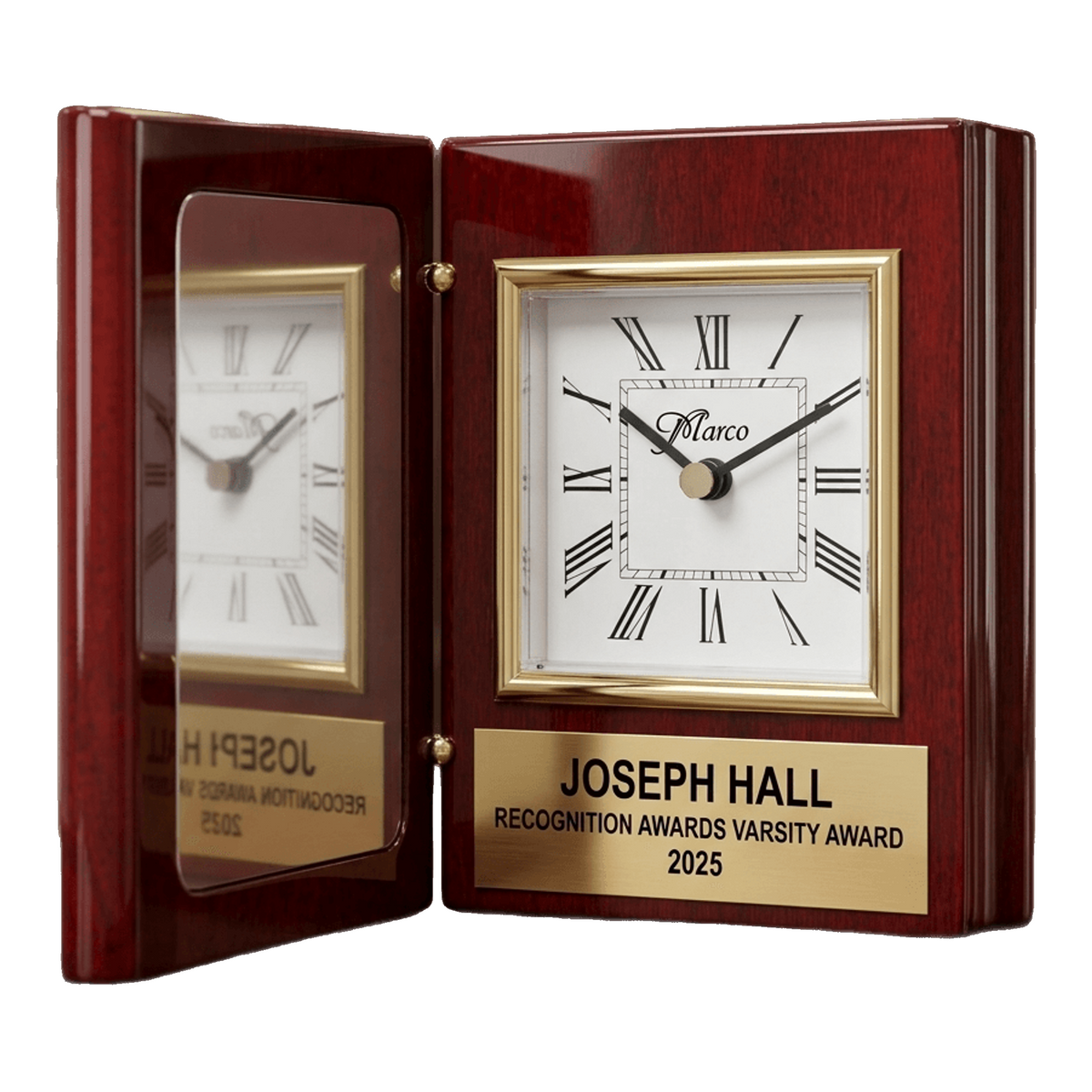 Personalized Recognition Awards award, custom laser engraved on a rosewood plate for the recipient's name — featuring Personalized rosewood desk clock with engraving, a popular choice for Businesses and Corporations for Employee Retirement Parties