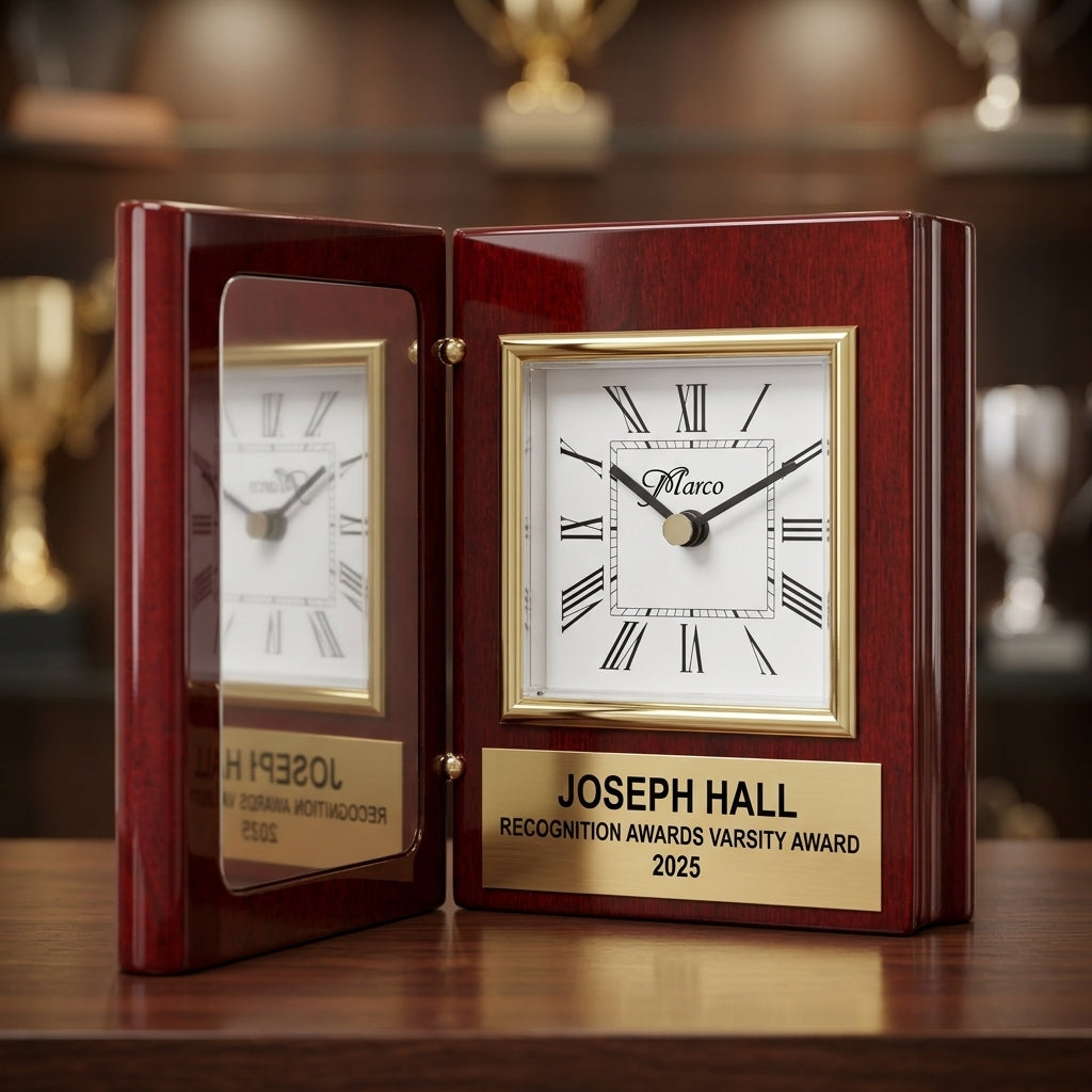 Front view of a personalized Recognition Awards award in rosewood, custom engraved with the recipient's name and achievement — featuring Custom engraved retirement clock gift, a popular choice for HR Departments and Managers for Service Award Ceremonies