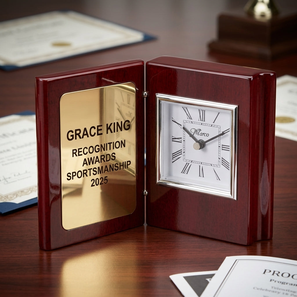 Personalized Recognition Awards award angled view showing the rosewood finish and custom engraving detail — featuring Corporate employee service award clock, a popular choice for Organizations for Graduation Ceremonies