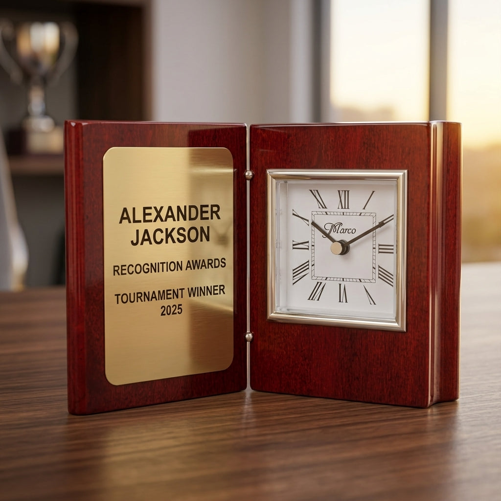 Personalized Recognition Awards award additional detail view, a polished rosewood book-style desk clock featuring a hinged cover that opens to reveal a customizable metal plate for engraving and a classic Roman numeral clock face, engraved in rosewood — featuring Custom logo corporate award clock, a popular choice for Small Business Owners for Company Holiday Parties