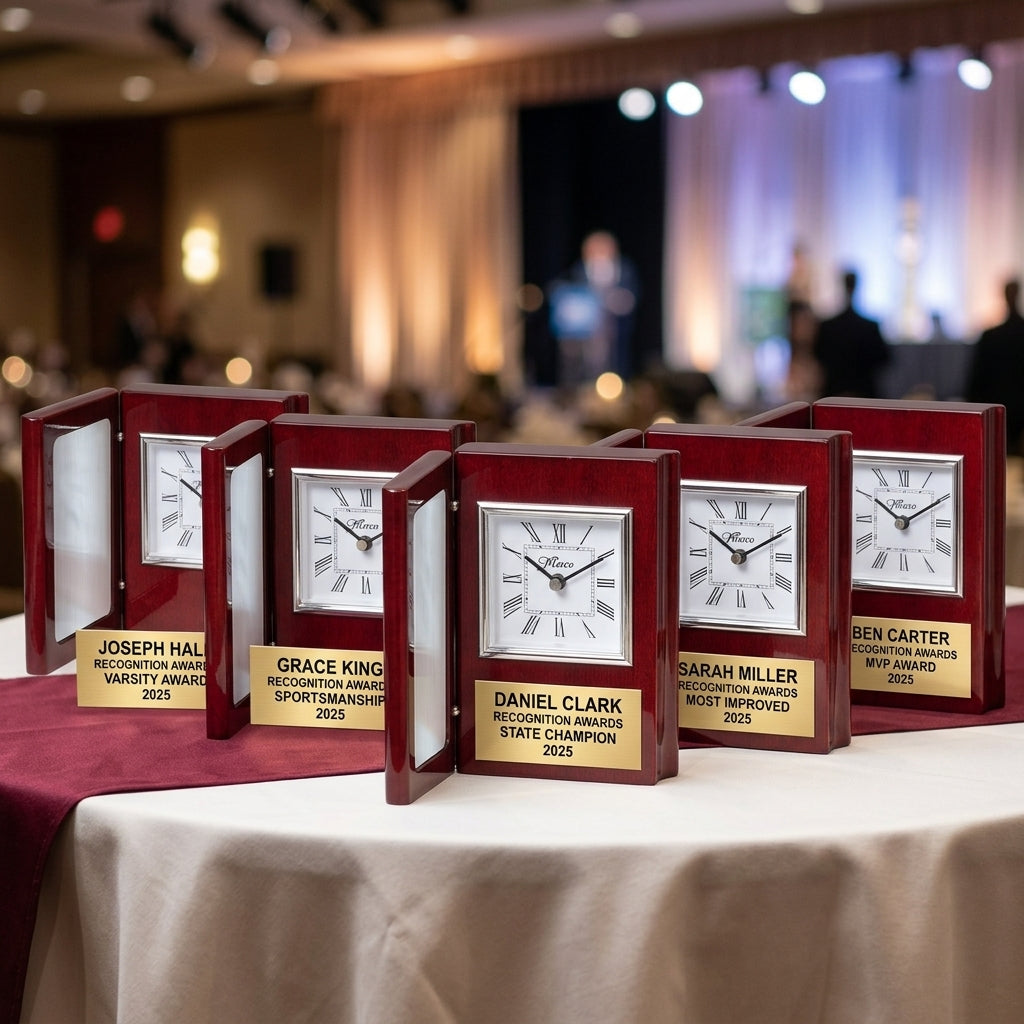 Multiple personalized Recognition Awards awards displayed together for a banquet or team order, each custom engraved in rosewood — featuring Engraved graduation gift clock, a popular choice for Businesses and Corporations for Volunteer Recognition Events