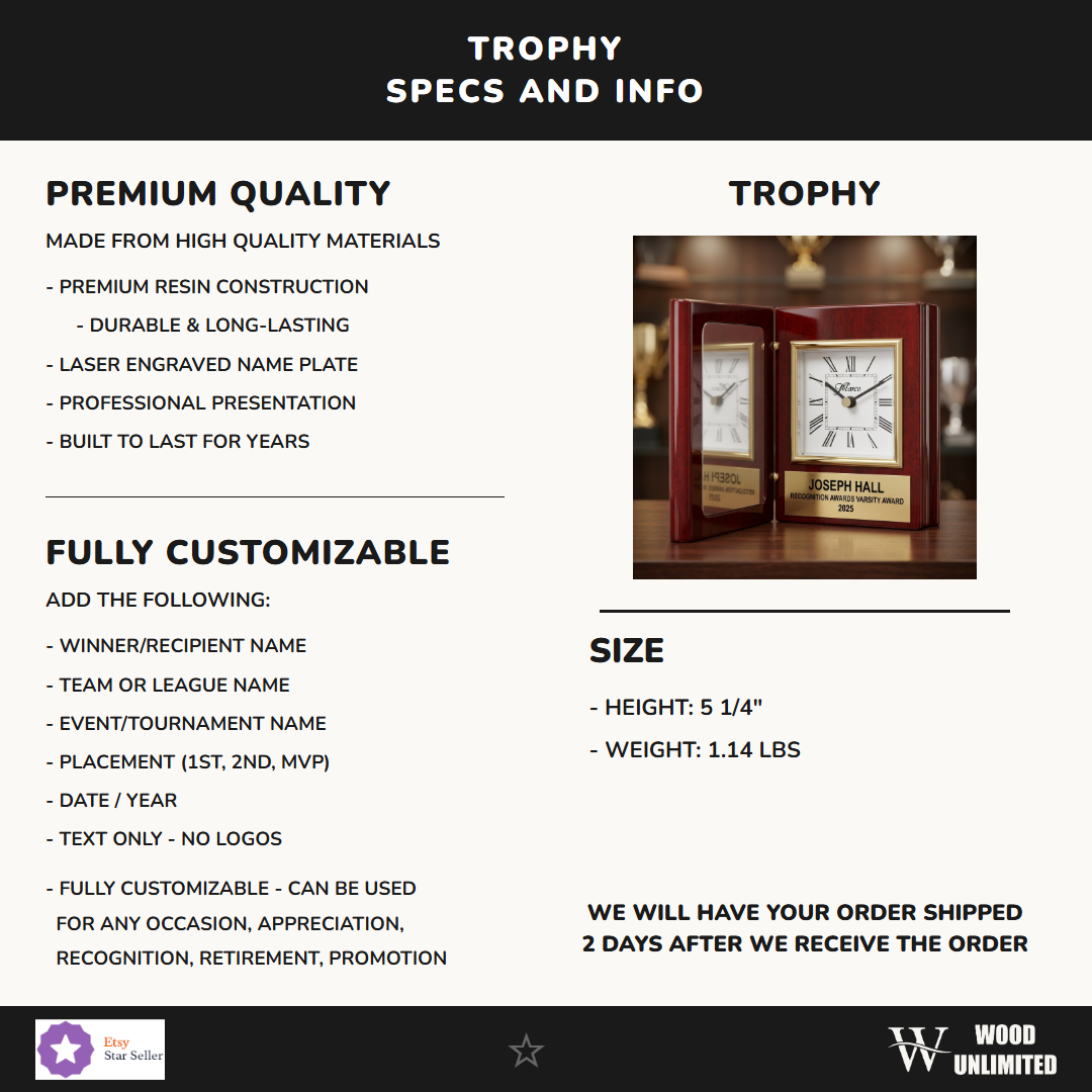 Recognition Awards award size, rosewood material, and personalization specification chart for custom engraving orders — featuring Custom engraved retirement clock gift, a popular choice for Organizations for Corporate Anniversaries